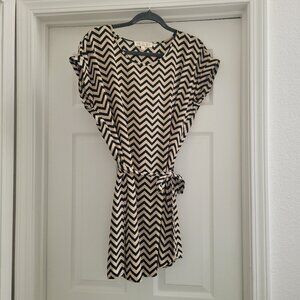 Mini Chevron Print Shirt Dress with Waist Tie Belt  Size L